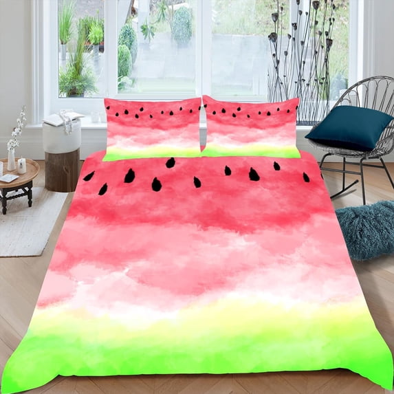 Watermelon Duvet Cover Watercolor Tie Dye Comforter Cover Tropical Fruit Quilt Cover Red Green Fruits Bedding Set Modern Summer Plants Bed Sets Bedroom Decor