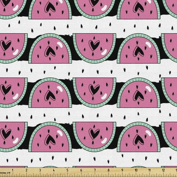 Ambesonne Watermelon Fabric by the Yard Upholstery, Slices with Hearts, 5 Yards, Charcoal Grey Mint Green