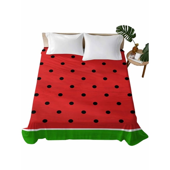 Watermelon Flat Sheets Only Full Size, Soft Breathable Bed Top Sheets for Mattress, Black Polka Dots Green Summer Fruits Luxury Bedding Flat Sheets for Home Hotel Bedroom Bed Protection