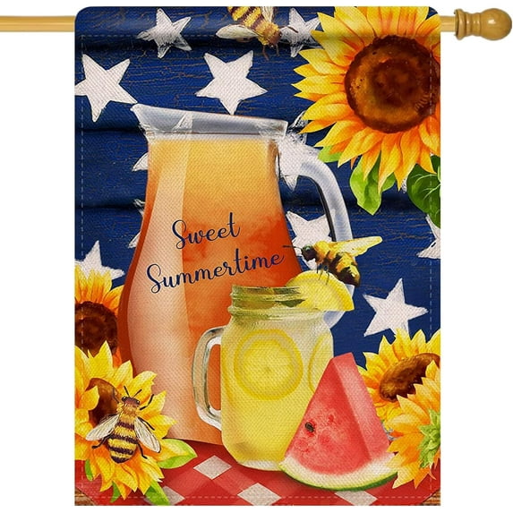 Watermelon Flower Memorial Day 28x40 House Flag Summer Double Sided, Sunflower Mason Jar Burlap Garden Yard Decoration Patriotic Star, Floral Outdoor Décor Decorative Spring Large Flag Lemon