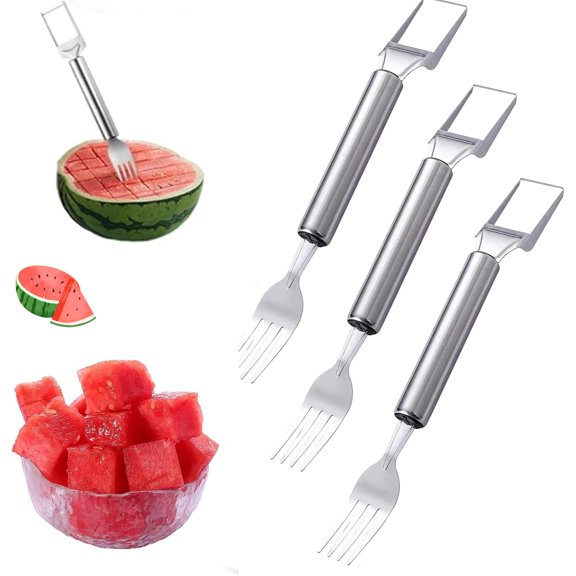 Watermelon Fork Slicer Cutter, 2025 New 2-in-1 Stainless Steel Fruit Cutter, Dual Head Fruit Forks, Summer Watermelon Cutter Slicer Tool Home Kitchen Gadgets (3 PCS)
