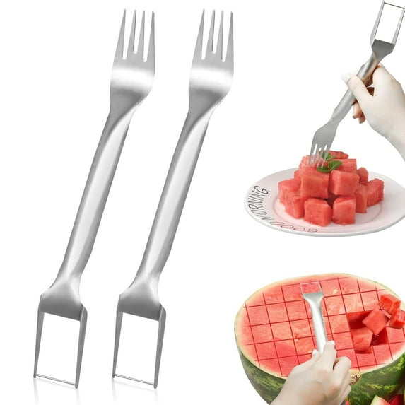 Watermelon Fork Slicer Cutter, Stainless Steel 2-in-1 Watermelon Fork Slicer, Portable Watermelon Fork Watermelon Cutter Slicer Tool Fruit Forks Slicer for Home Party Camping Kitchen Gadget(2PCS)