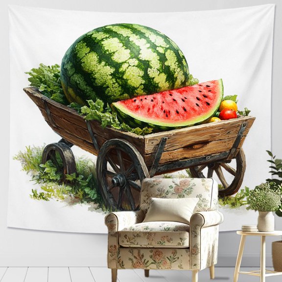 Watermelon and Fresh Produce Green Tapestry, Farmhouse Decorative Wall Hanging, Seasonal Fruit Aesthetic for Kitchen, Living Room, Dining Room, 60 x 40 Inch