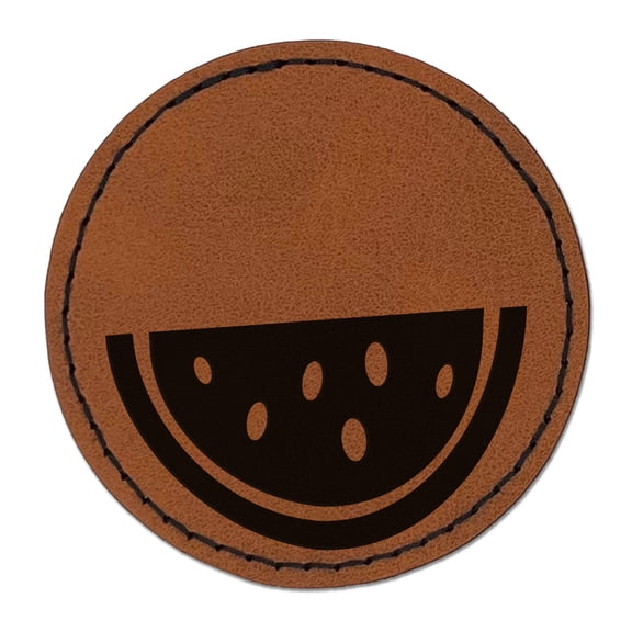 Watermelon Fruit Slice 2.5" Faux Leather Round Engraved Iron-On Patch - Brown