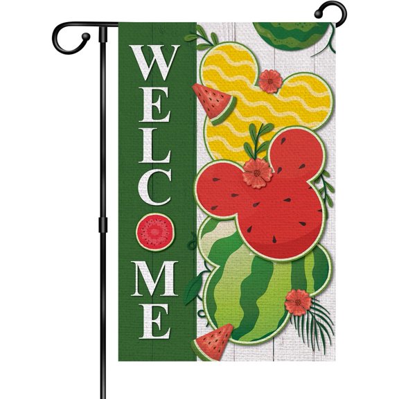 Watermelon Garden Flag,Cartoon Mouse Style Welcome Summer Fruit Yard Flag, Rustic Summer Elements Red and Green Farmhouse Burlap Yard Outdoor Decor 12.5x18 Inch