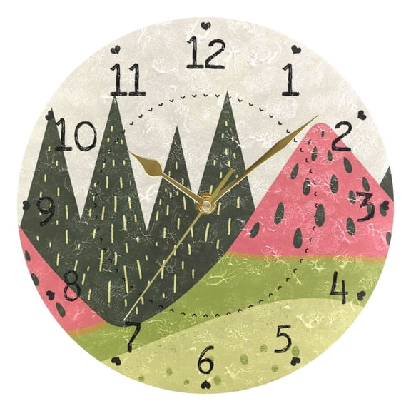 Watermelon Hills Trees Round Wall Clock Silent Analog Battery Operated Gold Pointer Home Decor 9.84" Diameter