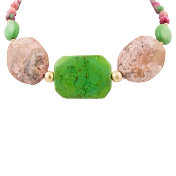 Watermelon Jade Pink and Green Magnesite Statement Golden Necklace