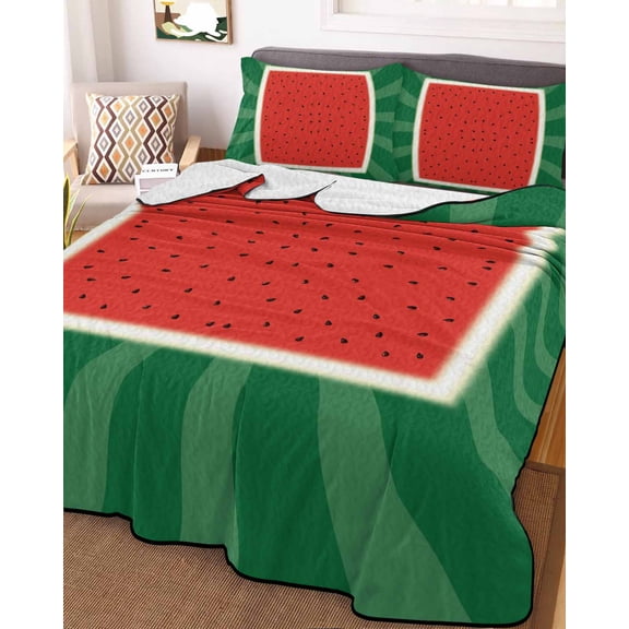 Watermelon King Size Down Alternative Comforter, Lightweight Comforter Quilt Bedding Set with Pillow Shams Red Summer Fruits Watercolor Green Striped All Seasons Bed Comforter Duvet Insert 96"x106"