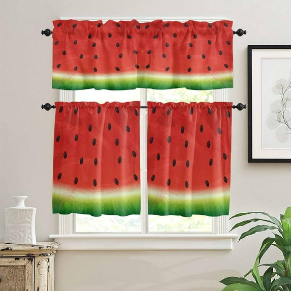 Watermelon Kitchen Curtains Tiers and Valances Set, Summer Fruit Hand Drawn Painiting Red Green Rod Pocket Valance Short Window Treatment Decor Curtains, 27.5"x24", 3 Pieces Set
