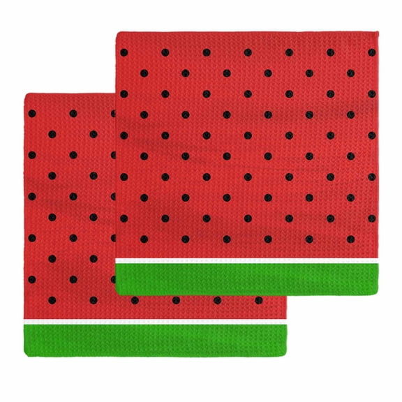 Watermelon Kitchen Dish Towels for Drying Dishes Set of 2, Black Polka Dots Green Summer Fruits Waffle Weave Microfiber Hand Tea Bathroom Towels Quick Dry & Absorbent Towel 12x12