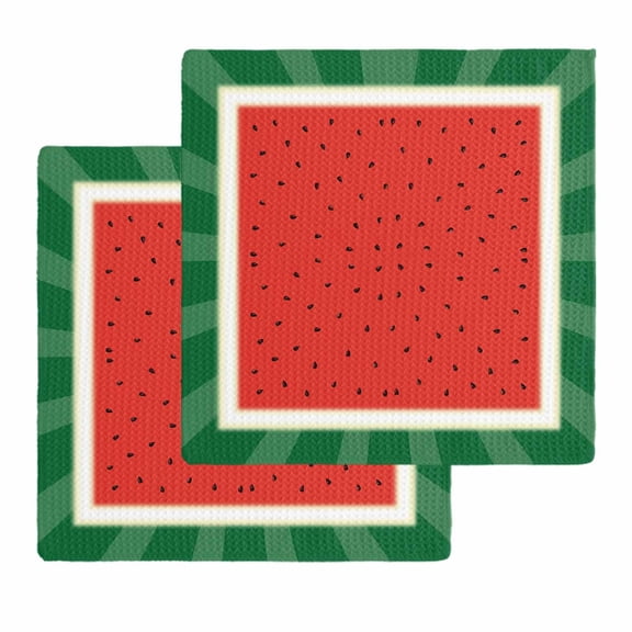 Watermelon Kitchen Dish Towels for Drying Dishes Set of 2, Red Summer Fruits Watercolor Green Striped Waffle Weave Microfiber Hand Tea Bathroom Towels Quick Dry & Absorbent Towel 12x12