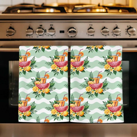 Watermelon Kitchen Towels Set of 4, Stripe Lemon Tea Green Palm Leaf Tropical Absorbent Dish Towels for Kitchen, Microfiber Hand Towel, Quick Drying Tea Towel for Cleaning Decorative Dishcloths