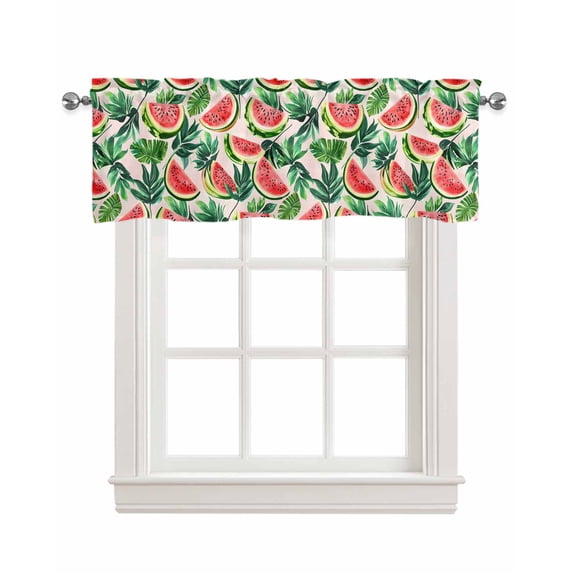 Watermelon Kitchen Valances for Windows Farmhouse Linen Window Valance Curtain for Living Room Window Treatment Red Fruit Summer Cartoon Tropical Leaf Valance Rod Pocket Topper Drape, 42 x 12 Inch