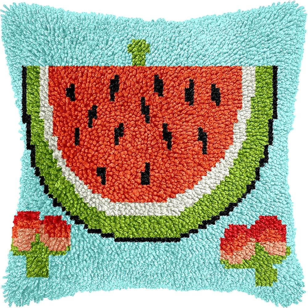 Watermelon Latch Hook Pillow Kits for DIY Throw Pillow Cushion Embroidery Latch Hooking Pillowcase Kits with Preprinted Canvas Crochet Yarn Kits for Home Decor 17''X 17''(d334)