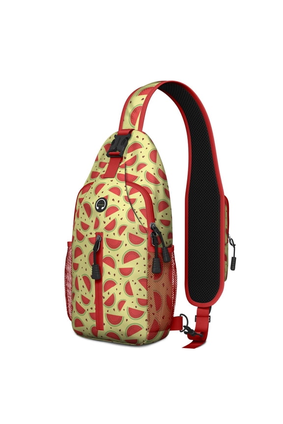 Watermelon Lovers Sling Backpack with Summer Fruit Pattern, Tropical Cute Watermelon Print Crossbody Daypack, Aesthetic Sunshine Beach Design, Lightweight and Adjustable Strap