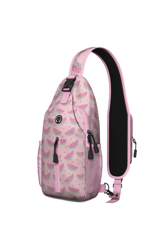 Watermelon Lovers Sling Backpack with Tropical Summer Fruit Pattern, Cute Watermelon Print Crossbody Daypack, Aesthetic Sunshine Beach Design, Lightweight Adjustable Strap
