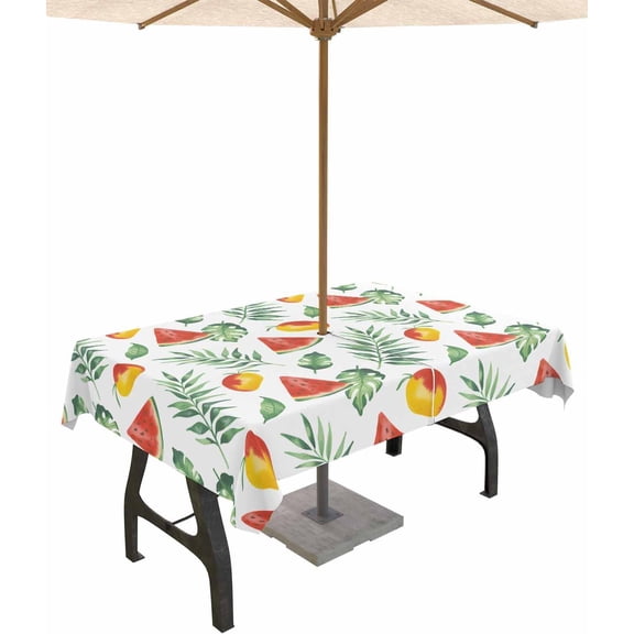 Watermelon Mango Outdoor Tablecloth with Umbrella Hole and Zipper, Spillproof Table Cloth for Rectangle Tables, Dinner/Picnic/Patio/Party Table Cover Summer Fruit