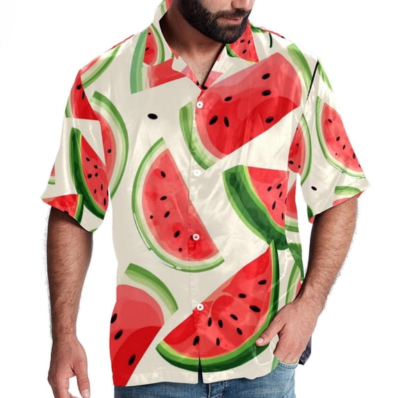 Watermelon Men's Button Down Hawaiian Poplin Shirt Summer Beach Printed Casual Short Sleeve Unisex Shirts