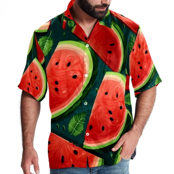 Watermelon Men's Button Down Spread Collar Casual Printed Short Sleeve Summer Beach Unisex Shirts
