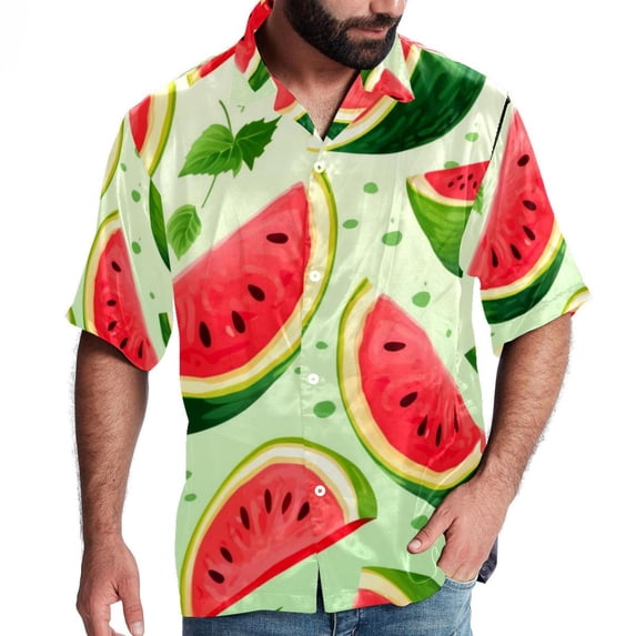 Watermelon Men's Casual Poplin Button Down Short Sleeve Shirts for Summer Beach - Unisex