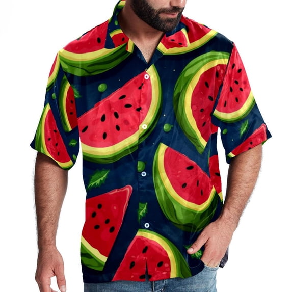 Watermelon Men's Short Sleeve Beach Shirts Poplin Spread Collar Tops Casual Printed Button Down Summer Unisex