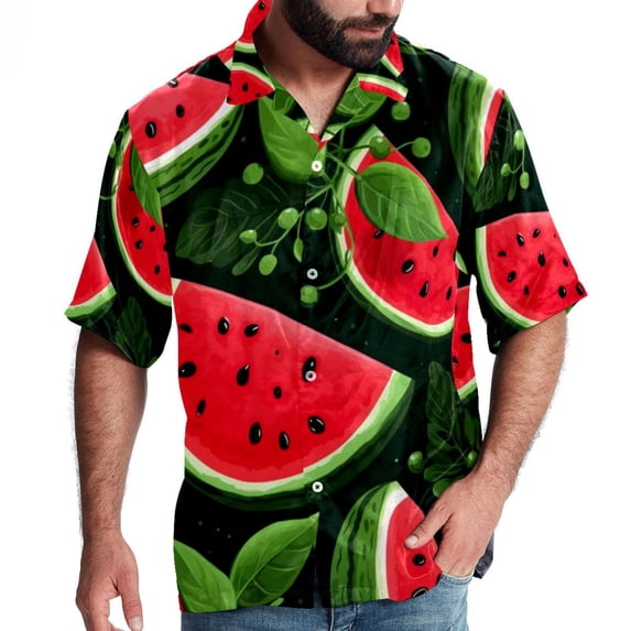Watermelon Men's Short Sleeve Hawaiian Print Button Down Beach Shirt