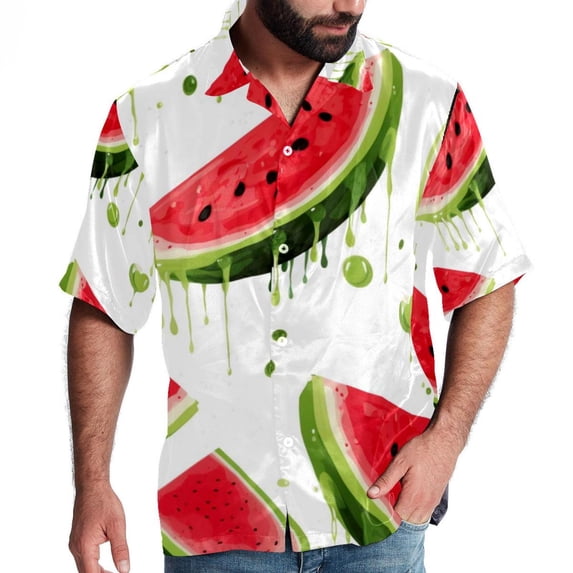 Watermelon Men's Short Sleeve Shirts with Spread Collar Tops, Casual Printed Poplin Shirt, Button Down Short Summer Beach Shirts - Unisex