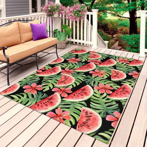 Watermelon Outdoor Rug for Patio/Deck/Porch, Non-Slip Large Area Rug 5 x 8 Ft, Summer Fruit Green Tropical Palm Leaf Flower Indoor Outdoor Rugs Washable Area Rugs, Camping Rug Carpet Runner