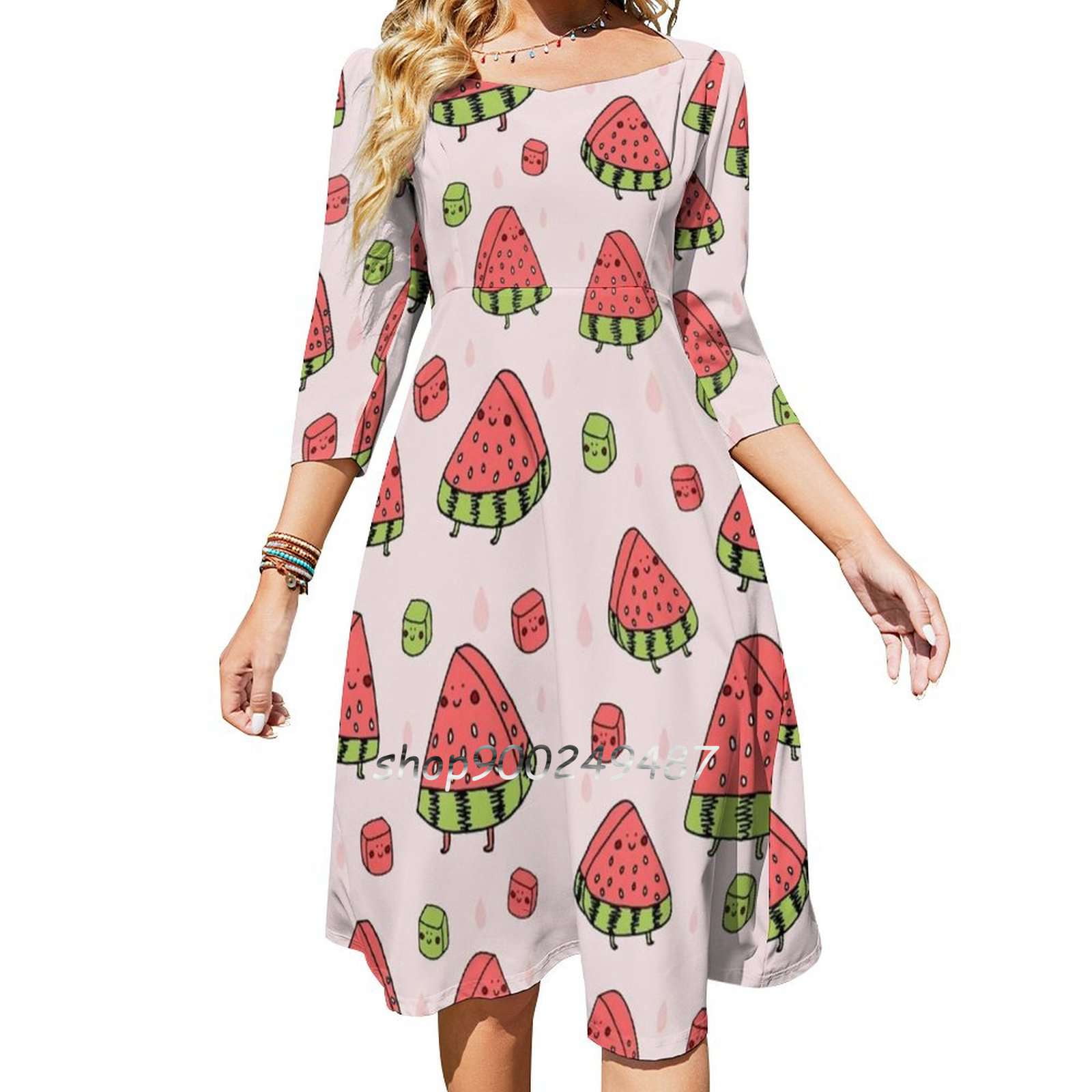 Watermelon Party Sweet Elegant Dress Women Korean Kawaii Square Collar