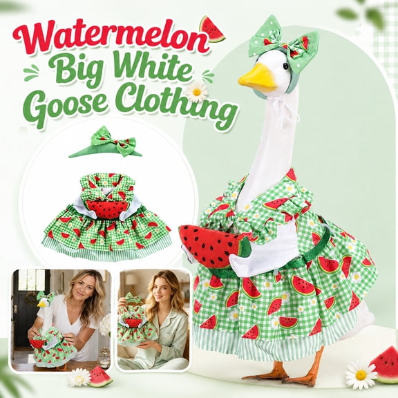 Watermelon Pattern Decorative Goose Statue Outfit, Cute Red Green Print Dress with Matching Hat, UV Resistant Summer Outdoor Yard Lawn Ornament Accessory