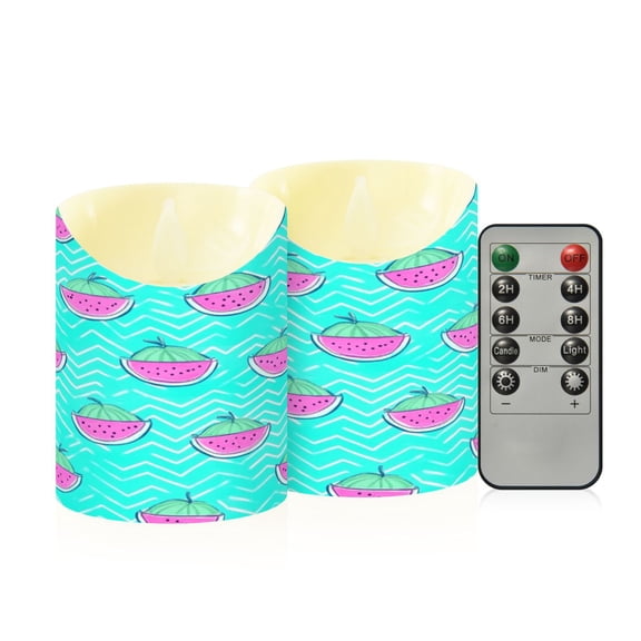 Watermelon Pattern Flameless Candles 2 PCS with Remote Realistic Moving Flame LED Tapered Pillar Set for Home Decor