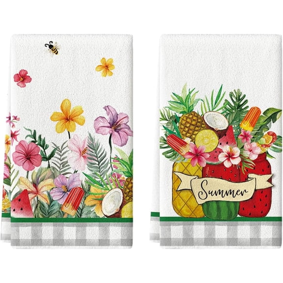 Watermelon Pineapple Coconut Summer Kitchen Towels Dish Towels, 18x26 Inch Spring Farmhouse Bees Flowers Decoration Hand Towels Set of 2