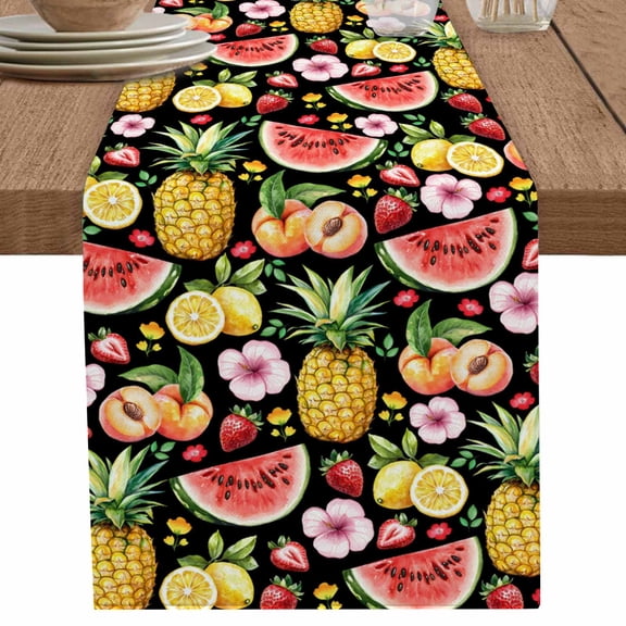 Watermelon Pineapple Strawberry Lemon Table Runner-70 Inch Long Watercolor Flower Table Runners Linen Burlap Tablerunner for Kitchen Dining Room Holiday Party