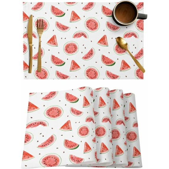 Watermelon Placemats Set of 4,Washable Woven Burlap Cloth Fabric Placemat for Square/Rectangle/Round/Oval Dining Table,Easy Clean Place Mats for Kids Tropical Summer Fruits Contemporary Painting