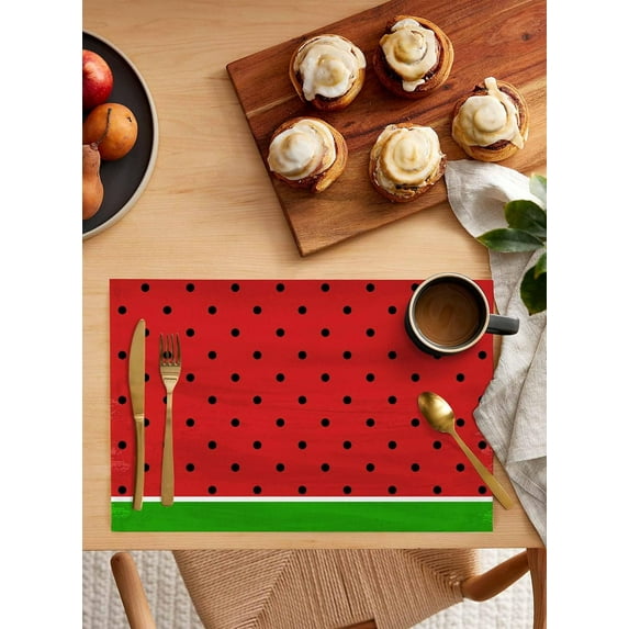 Watermelon Placemats Set of 4,Washable Woven Burlap Cloth Fabric Placemat for Square/Rectangle/Round/Oval Dining Table,Easy Clean Place Mats for Toddlers,Kids Red Green Summer Fruit Black Polka Dots