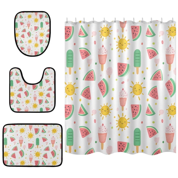 Watermelon Popsicle Pattern Shower Curtain Sets 4 Piece Waterproof Bathroom Set with Non Slip Mats 66x72in