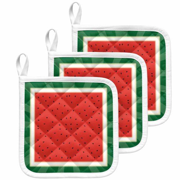 Watermelon Pot Holders for Kitchen Heatproof Potholder, 3 Pack Red Summer Fruits Watercolor Green Striped Hot Pads Multipurpose Oven Pads Cloth Potholders Trivet for Cooking Baking