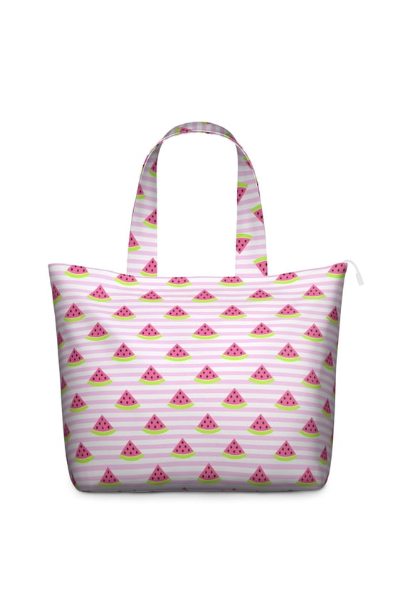 Watermelon Print Large Capacity Tote Bag - Lightweight Travel Weekender with Zipper Closure & Interior Pockets for Women