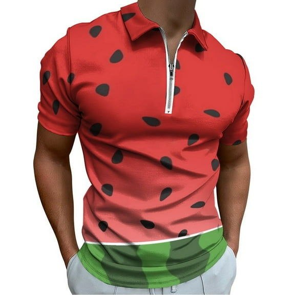 Watermelon Print Men Zipper T-shirt Summer Casual Short Sleeve T-shirt Top