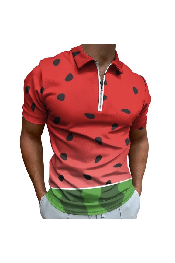 Watermelon Print Men Zipper T-shirt Summer Casual Short Sleeve T-shirt Top