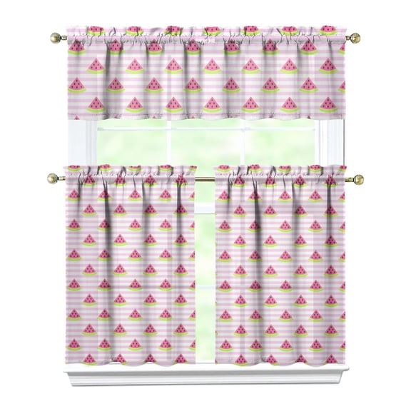 Watermelon Print Short Curtains for Kitchen Windows - 3 Piece Caf Set with Tropical Fruit Pattern & Semi-Sheer Fabric (Modern Farmhouse Decor)