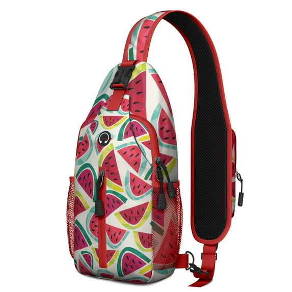 Watermelon Print Summer Fruit Pattern Sling Backpack, Cute Tropical Watermelon Lovers Design Crossbody Daypack, Aesthetic Sunshine Beach Style, Lightweight Adjustable Strap