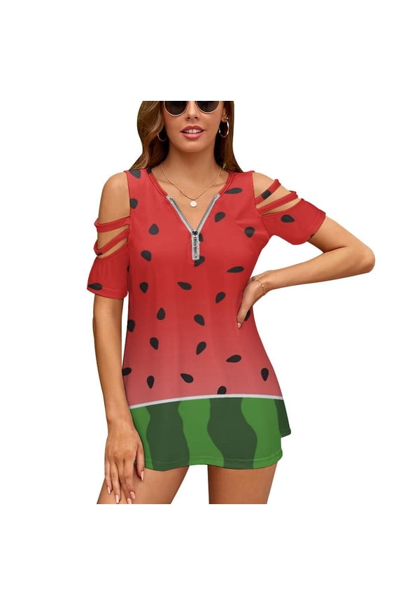 Watermelon Print Womens Summer V Neck Zipper Top Short Sleeve T Shirt Off Shoulder Top Casual Classy Loose Shirts