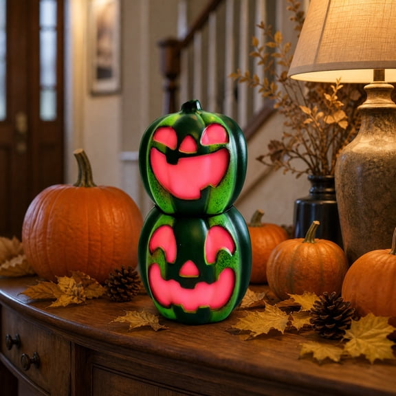 Watermelon Pumpkin Light for Halloween Decor, Stacked Jack O Lantern with Green Rind and Pink Glow, Battery Operated Flameless LED Indoor Outdoor Summerween Party Patio Decoration