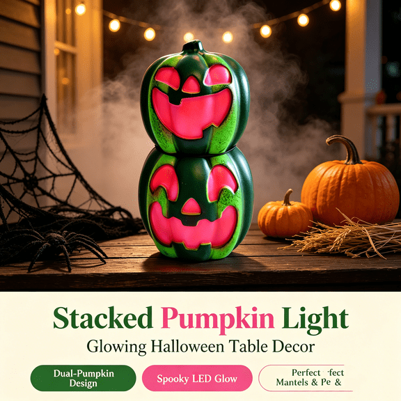 Watermelon Pumpkin Stack Light Summer Halloween Decor Battery Operated LED Tabletop Porch Lamp(Green)
