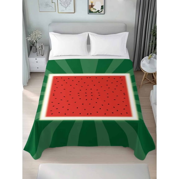 Watermelon Queen Size Flat Sheet, Wrinkleproof & Fadeproof Cooling Flat Bed Sheet Only, Red Summer Fruits Watercolor Green Striped Breathable Soft Bedding Top Sheets 90 x 102 Inches