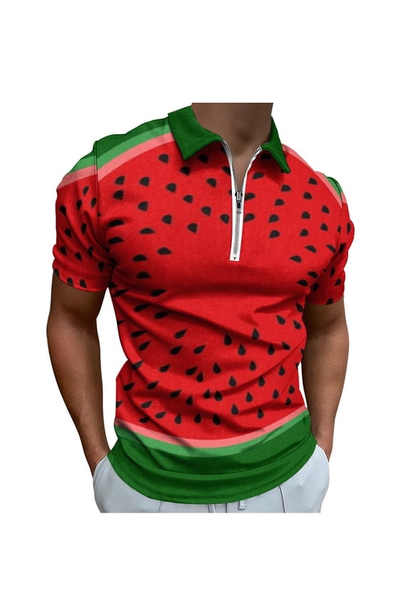 Watermelon Red And Bright Men Zipper T-shirt Summer Casual Short Sleeve T-shirt Top