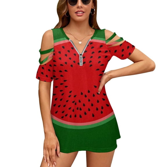 Watermelon Red And Bright Womens Summer V Neck Zipper Top Short Sleeve T Shirt Off Shoulder Top Casual Classy Loose Shirts