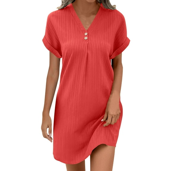 Watermelon Red Dresses for Ladies Summer Fall Spaghetti Strap Short Sleeve V Neck Midi Knee Length Lounge with Slit Basic Dresses Womens Button 2025 Clothing M