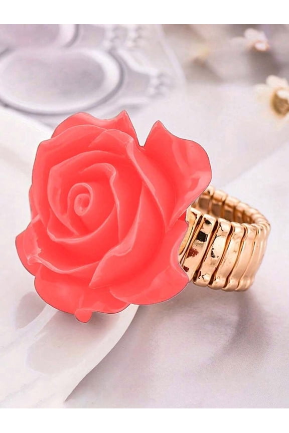 Watermelon Red Rose Flower Statement Ring, Goldtone Adjustable Floral Jewelry For Bridal, Valentines Day Or Mothers Day Gift